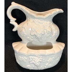 Vintage Decorama White Wall Pocket Porcelain Grape Vine Pitcher Planter